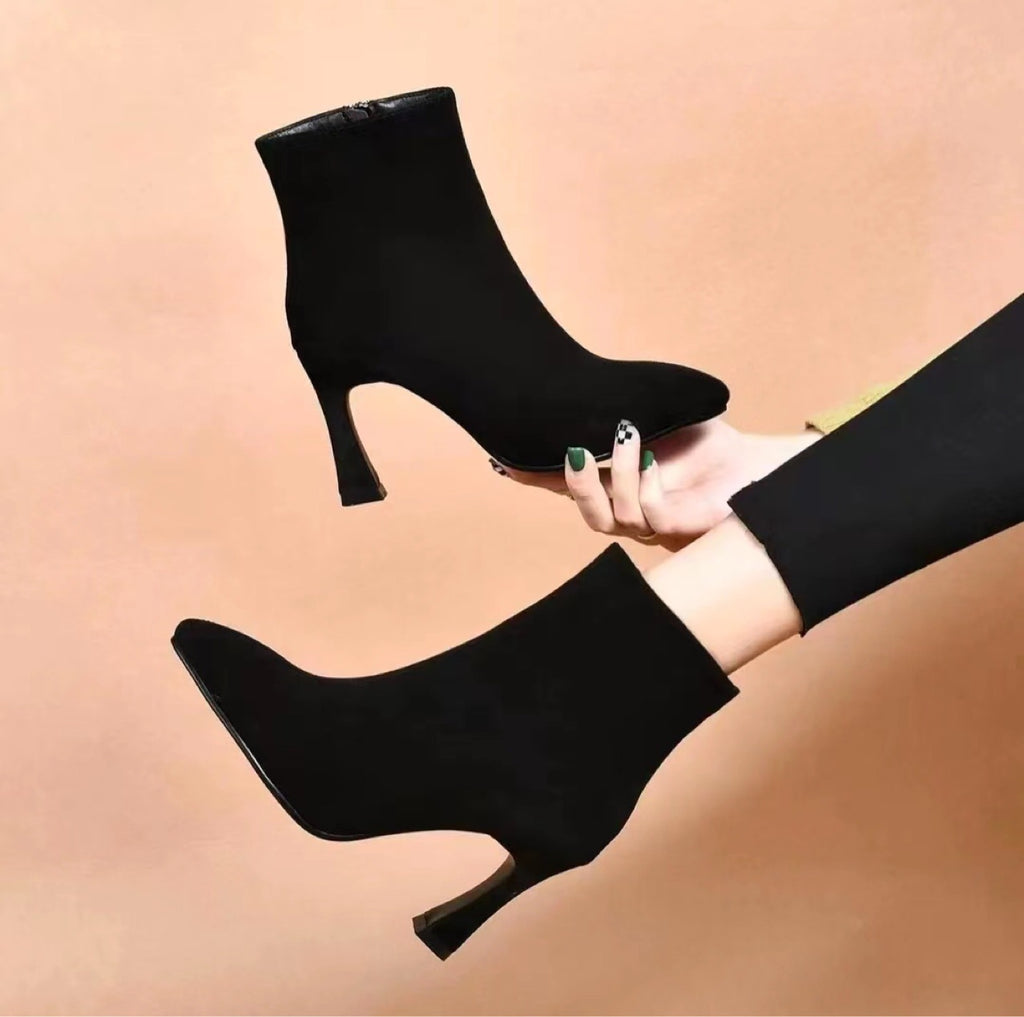 Women's Pointed Chunky Heel Ankle Boots - Genuine Leather