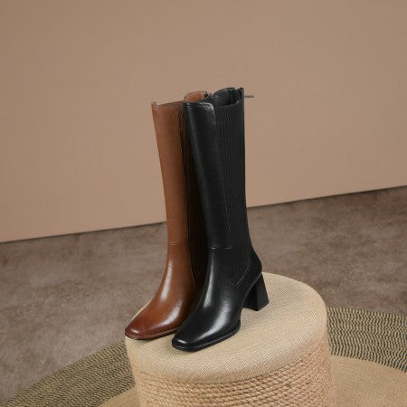 Women's Stretch High Boots - Genuine Leather Thick Heel