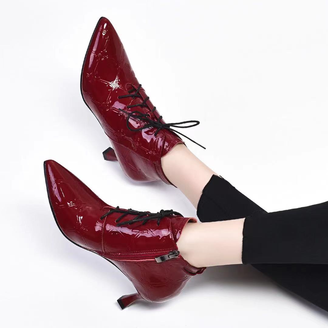 Women's Patent Leather Stiletto Martin Boots - Pointed Toe