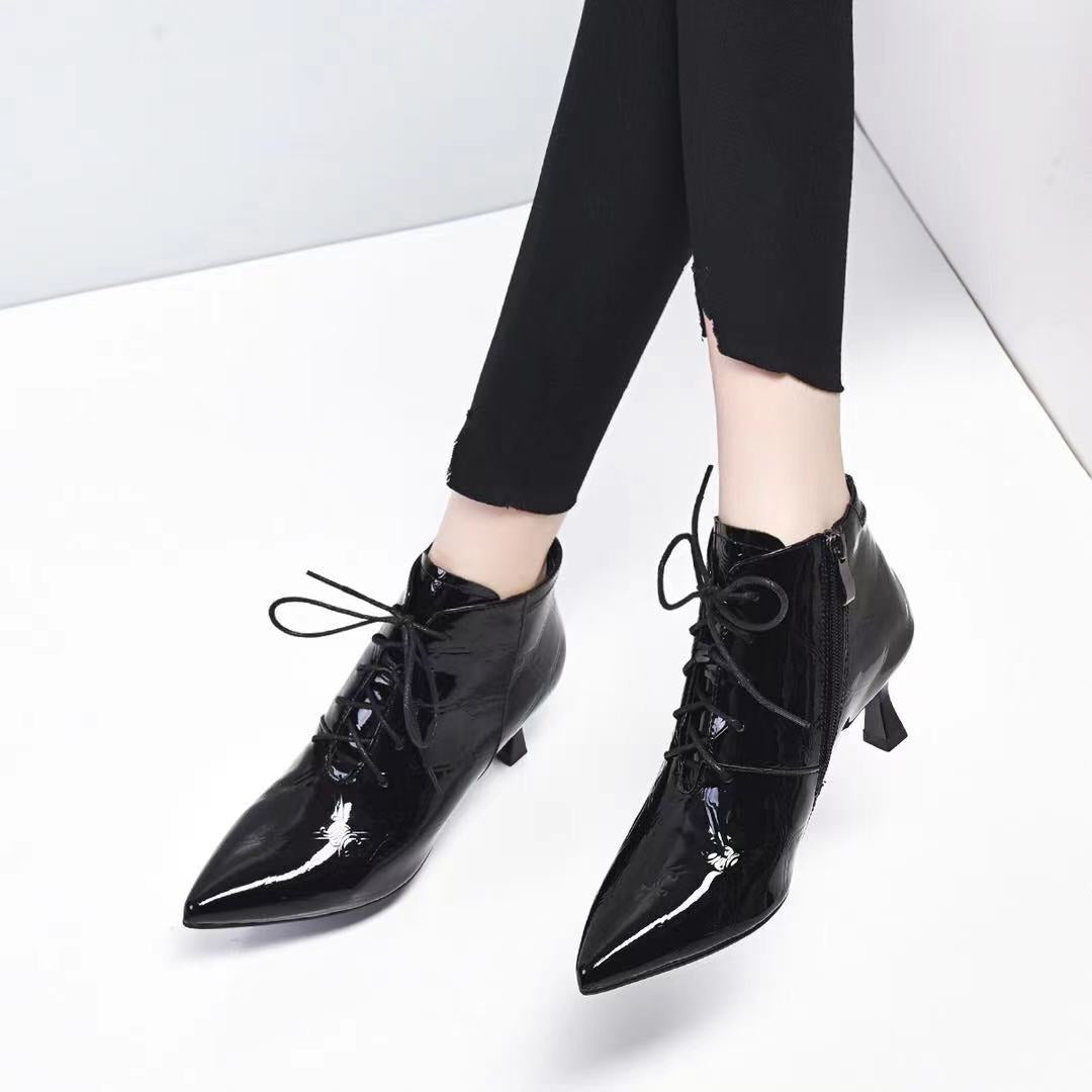 Women's Patent Leather Stiletto Martin Boots - Pointed Toe