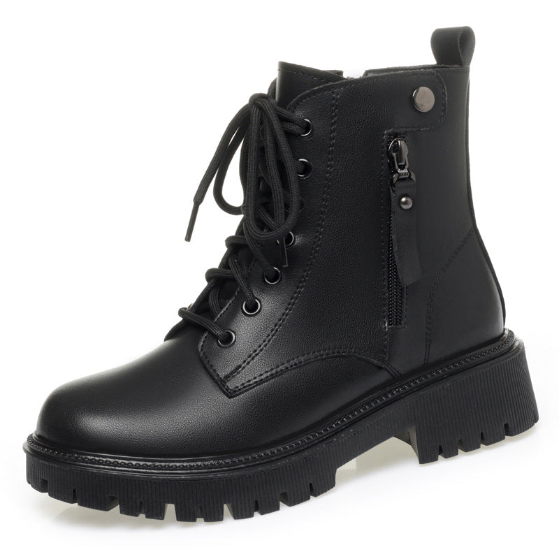 Off-white Women's Leather Thick Heel Soft Bottom Non-slip Velvet Warm Boots Wool Large Size Cotton Shoes