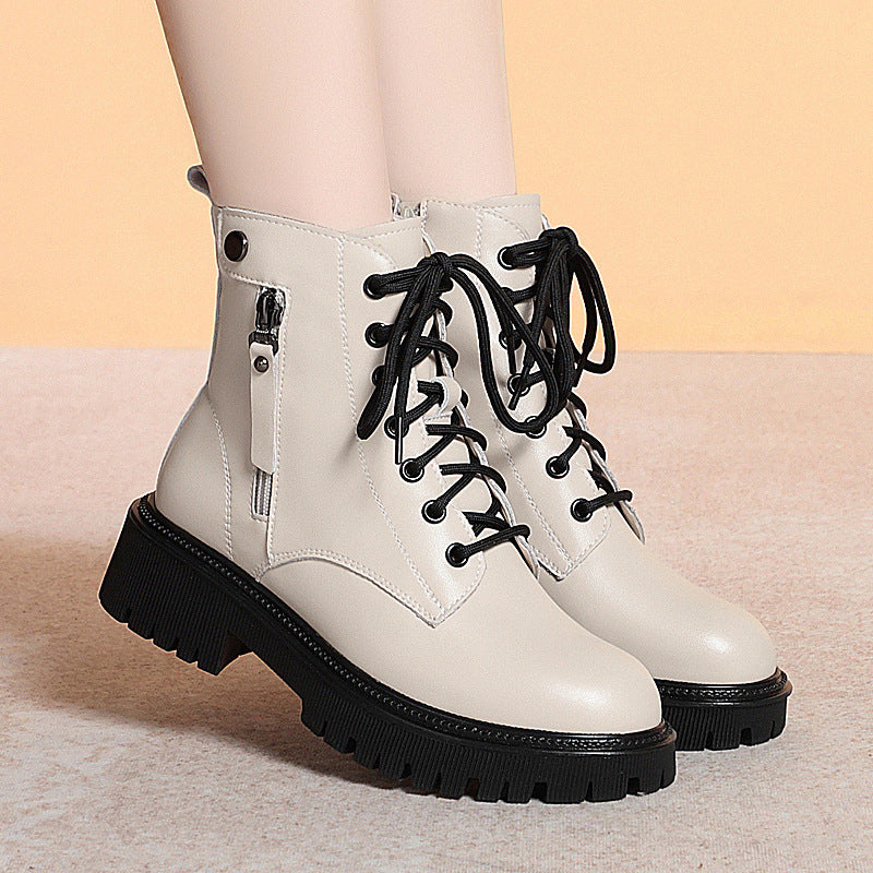 Off-white Women's Leather Thick Heel Soft Bottom Non-slip Velvet Warm Boots Wool Large Size Cotton Shoes