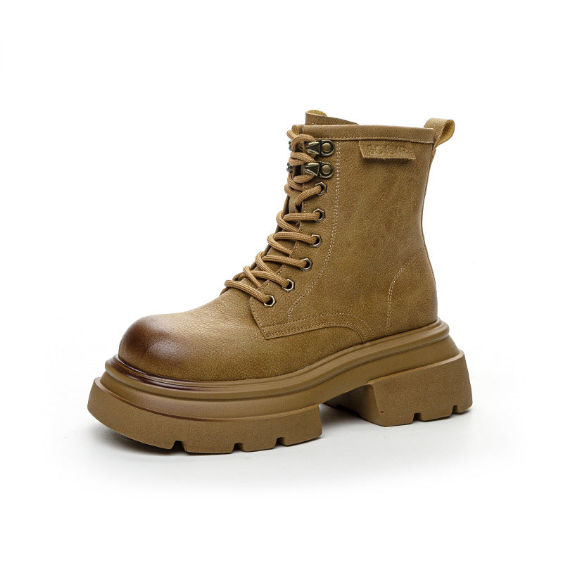 Thick Bottom Leather Women's Autumn 2025 New Casual Fashion Versatile Vintage Short Boots Big Head Mid-tube Women's Boots