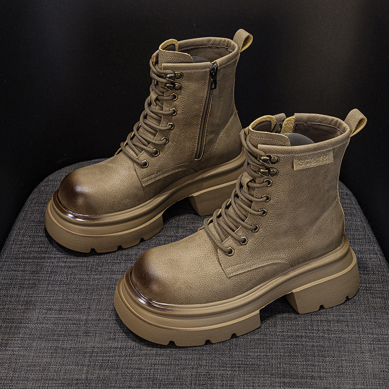 Thick Bottom Leather Women's Autumn 2025 New Casual Fashion Versatile Vintage Short Boots Big Head Mid-tube Women's Boots