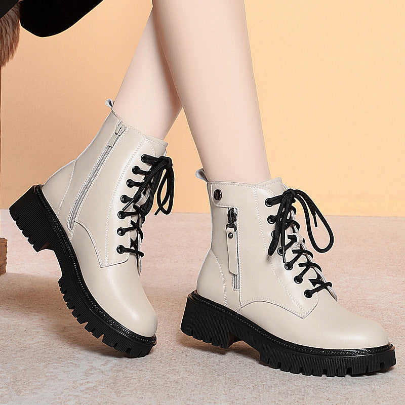 Off-white Women's Leather Thick Heel Soft Bottom Non-slip Velvet Warm Boots Wool Large Size Cotton Shoes