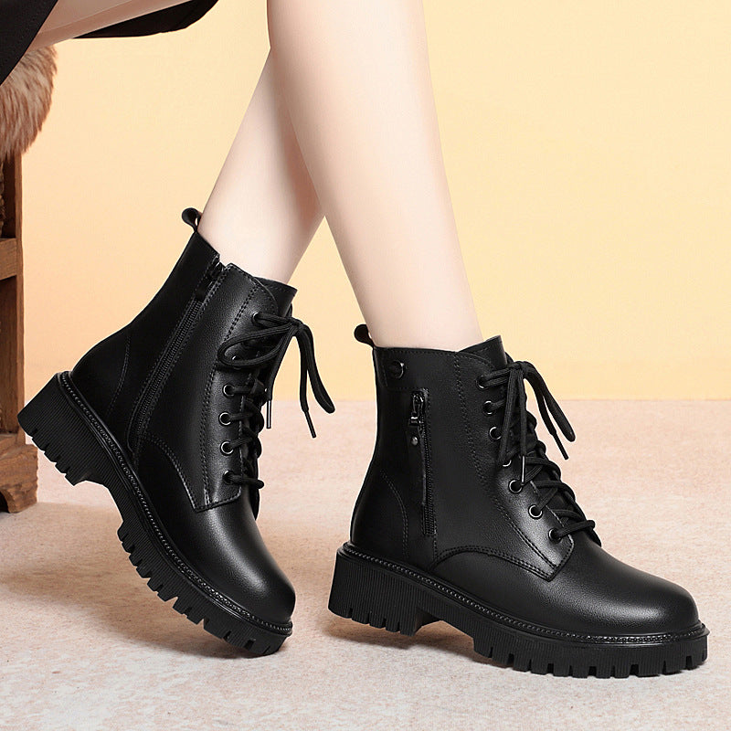 Off-white Women's Leather Thick Heel Soft Bottom Non-slip Velvet Warm Boots Wool Large Size Cotton Shoes