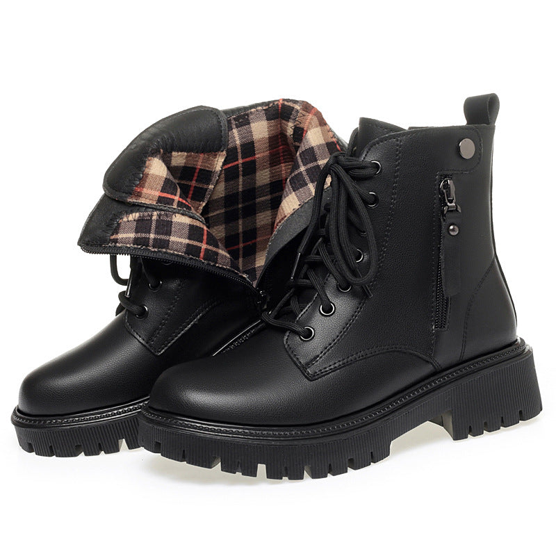 Off-white Women's Leather Thick Heel Soft Bottom Non-slip Velvet Warm Boots Wool Large Size Cotton Shoes