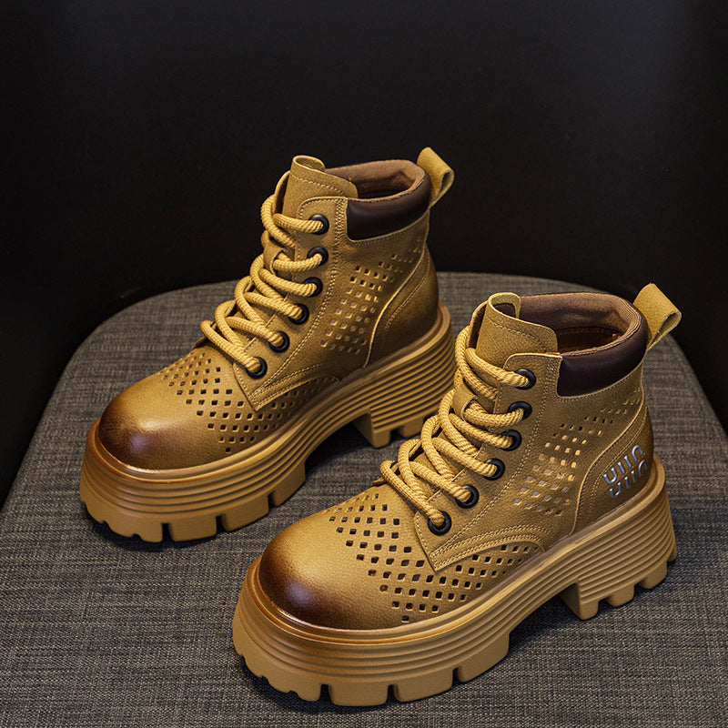 Women's 2025 Summer Punching And Transparent Mesh Retro European And American Leather Short Tooling Boots British Style All-match Women's Boots