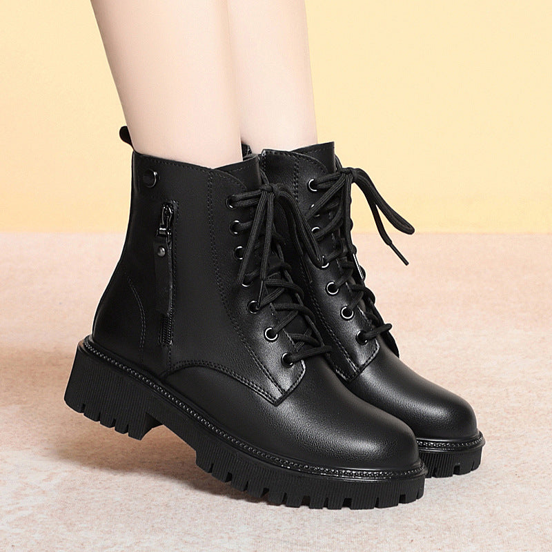 Off-white Women's Leather Thick Heel Soft Bottom Non-slip Velvet Warm Boots Wool Large Size Cotton Shoes