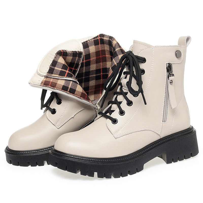 Off-white Women's Leather Thick Heel Soft Bottom Non-slip Velvet Warm Boots Wool Large Size Cotton Shoes