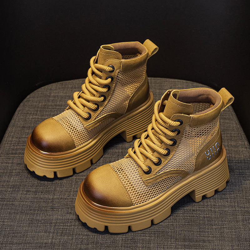 Women's 2025 Summer Punching And Transparent Mesh Retro European And American Leather Short Tooling Boots British Style All-match Women's Boots