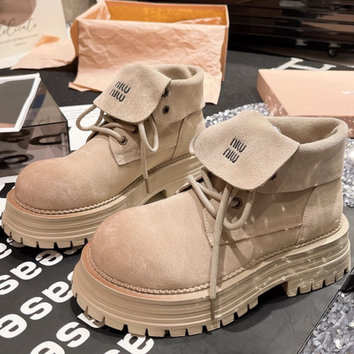 Frosted Genuine Leather Lace-Up Letter Lap Collar Rhubarb Boots Thick-Sole Two-Wearing Moto Boots Women