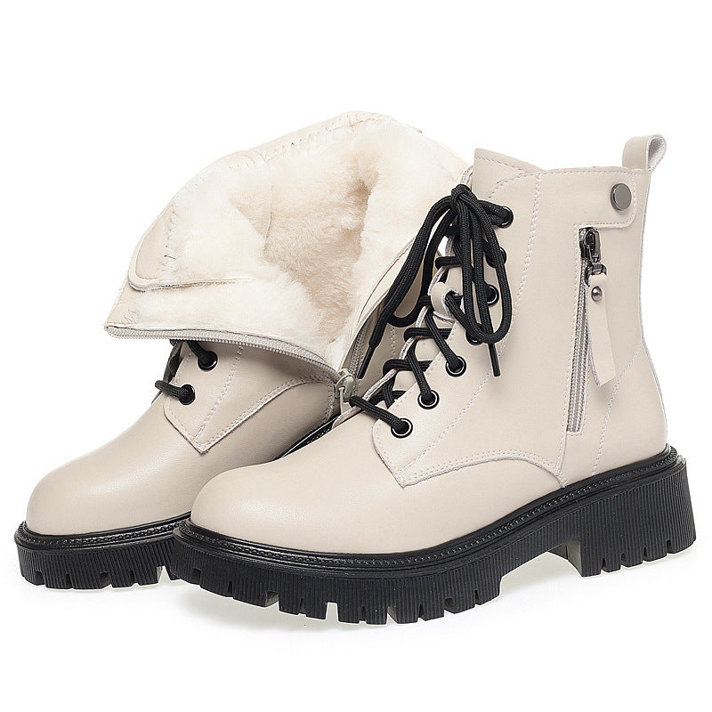 Off-white Women's Leather Thick Heel Soft Bottom Non-slip Velvet Warm Boots Wool Large Size Cotton Shoes