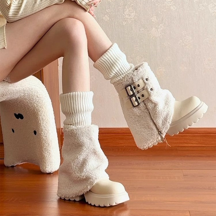 Thick Bottom Lamb Wool Short Tube Snow Boots Women's 2025 Winter Short High Heel Trousers Short Boots Fleece White Fur Boots