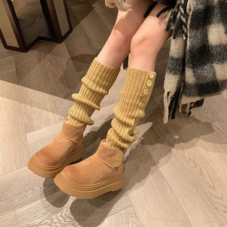 Fleece-lined Thick Bottom Height-increasing Small Low Tube Wool Boots Women's Round Toe Side Zipper Snow Boots Women