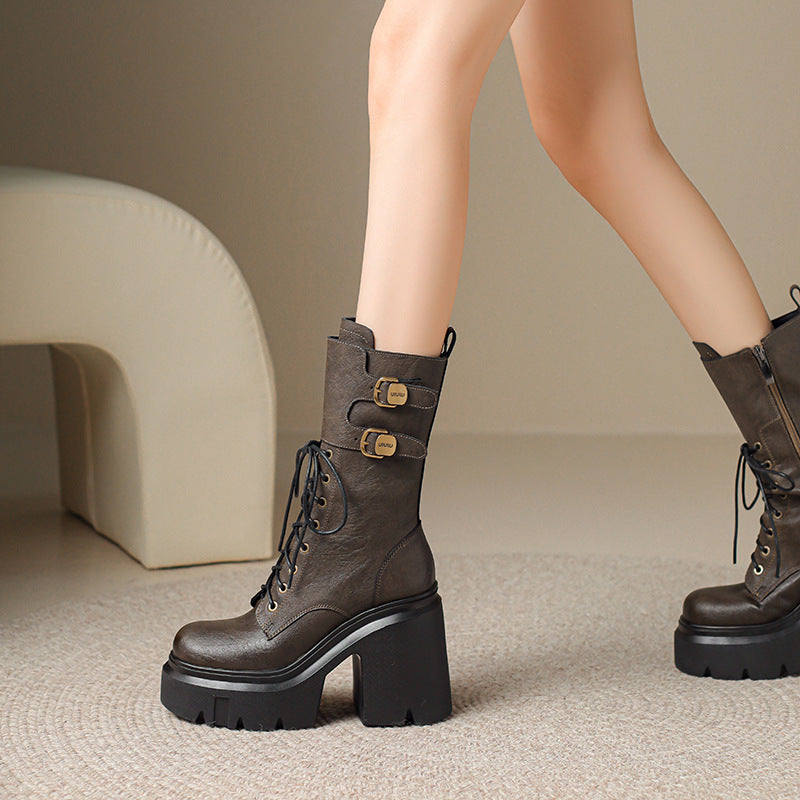 12cm Super High Heel Thick-soled Full Genuine Leather Mid-length Boots For Women Autumn And Winter Small Height Increasing Short Boots Trendy Thick Heel