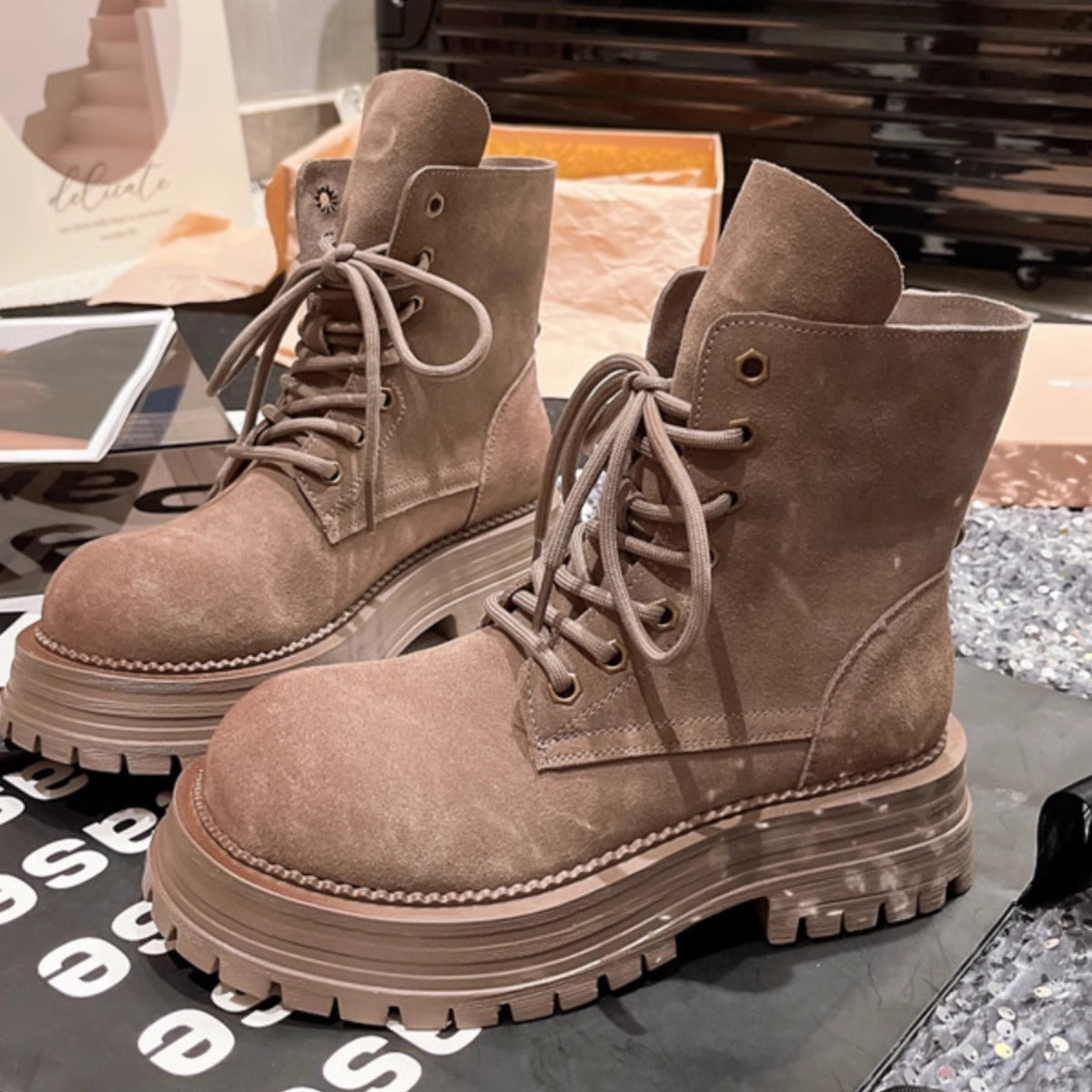 Frosted Genuine Leather Lace-Up Letter Lap Collar Rhubarb Boots Thick-Sole Two-Wearing Moto Boots Women