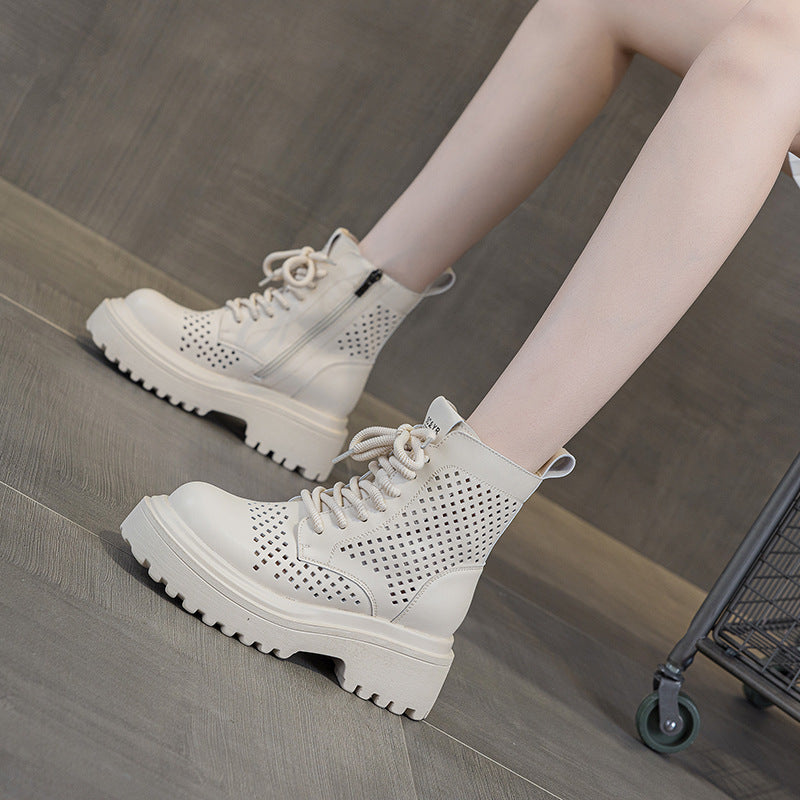 Women's 2025 Summer Leather Punched Short Tooling Boots British Style Casual Fashion All-Match Women's Boots