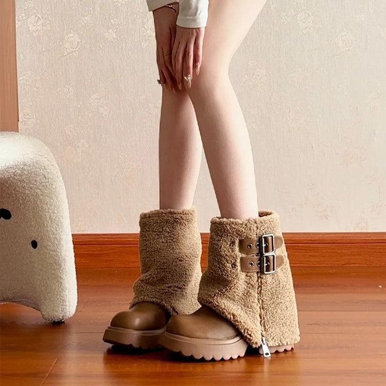 Thick Bottom Lamb Wool Short Tube Snow Boots Women's 2025 Winter Short High Heel Trousers Short Boots Fleece White Fur Boots