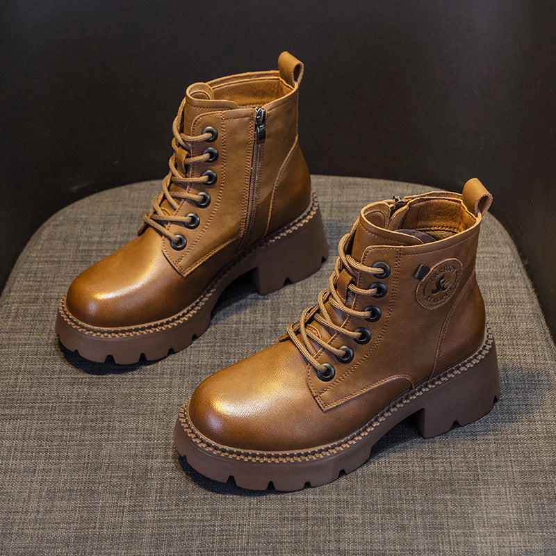 Women's Fashion British Style Ankle Boots 2025 Autumn And Winter New Fashion Leather Thick Sole Increased Retro Boots For Children