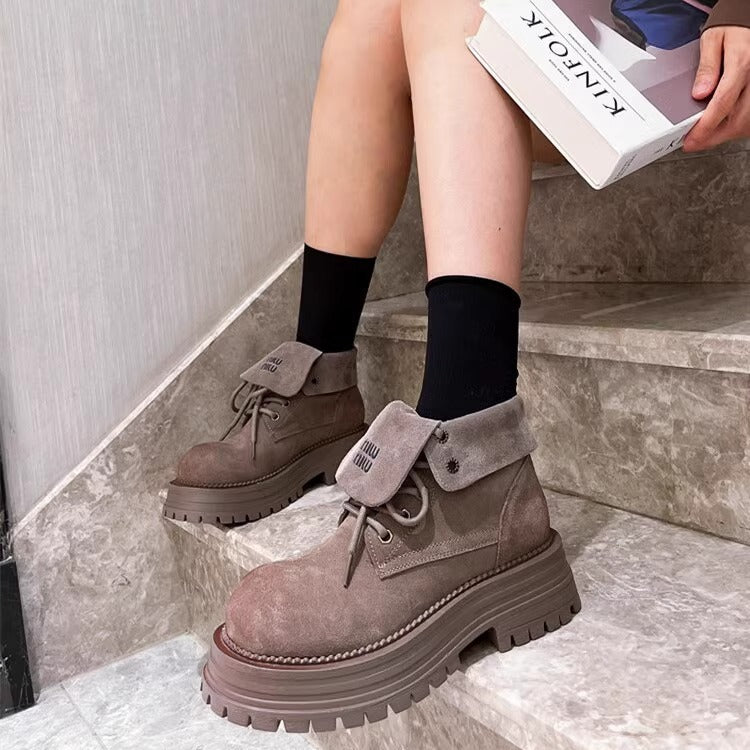 Frosted Genuine Leather Lace-Up Letter Lap Collar Rhubarb Boots Thick-Sole Two-Wearing Moto Boots Women