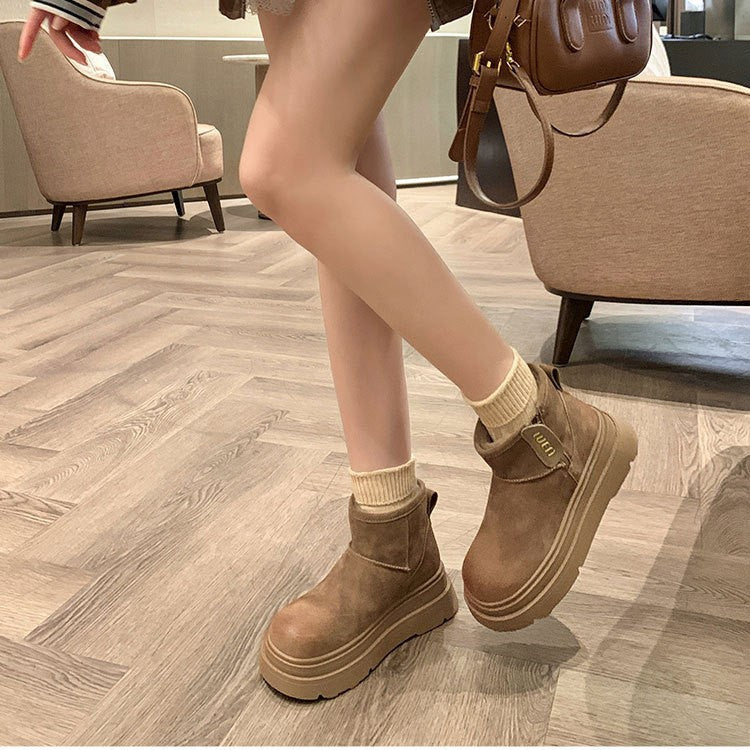 Fleece-lined Thick Bottom Height-increasing Small Low Tube Wool Boots Women's Round Toe Side Zipper Snow Boots Women
