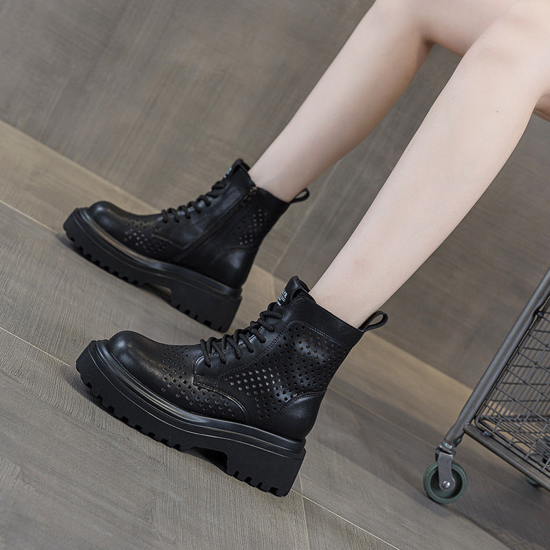 Women's 2025 Summer Leather Punched Short Tooling Boots British Style Casual Fashion All-Match Women's Boots