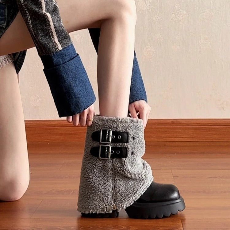 Thick Bottom Lamb Wool Short Tube Snow Boots Women's 2025 Winter Short High Heel Trousers Short Boots Fleece White Fur Boots
