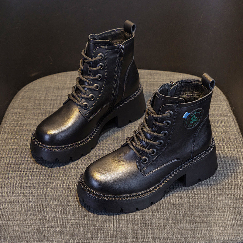 Women's Fashion British Style Ankle Boots 2025 Autumn And Winter New Fashion Leather Thick Sole Increased Retro Boots For Children