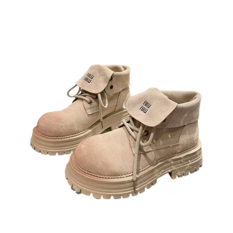 Frosted Genuine Leather Lace-Up Letter Lap Collar Rhubarb Boots Thick-Sole Two-Wearing Moto Boots Women