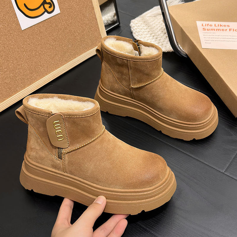 Fleece-lined Thick Bottom Height-increasing Small Low Tube Wool Boots Women's Round Toe Side Zipper Snow Boots Women
