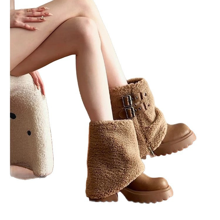 Thick Bottom Lamb Wool Short Tube Snow Boots Women's 2025 Winter Short High Heel Trousers Short Boots Fleece White Fur Boots