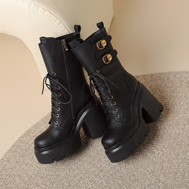 12cm Super High Heel Thick-soled Full Genuine Leather Mid-length Boots For Women Autumn And Winter Small Height Increasing Short Boots Trendy Thick Heel