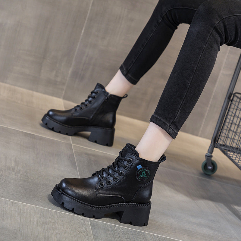 Women's Fashion British Style Ankle Boots 2025 Autumn And Winter New Fashion Leather Thick Sole Increased Retro Boots For Children