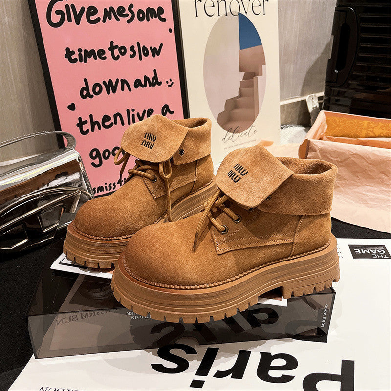 Frosted Genuine Leather Lace-Up Letter Lap Collar Rhubarb Boots Thick-Sole Two-Wearing Moto Boots Women