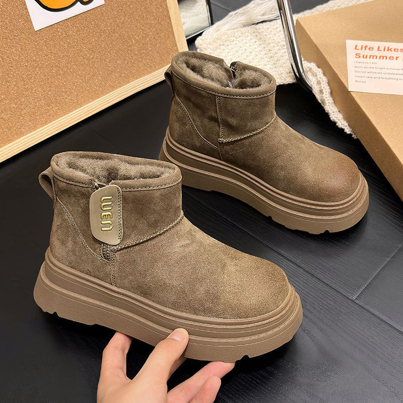 Fleece-lined Thick Bottom Height-increasing Small Low Tube Wool Boots Women's Round Toe Side Zipper Snow Boots Women