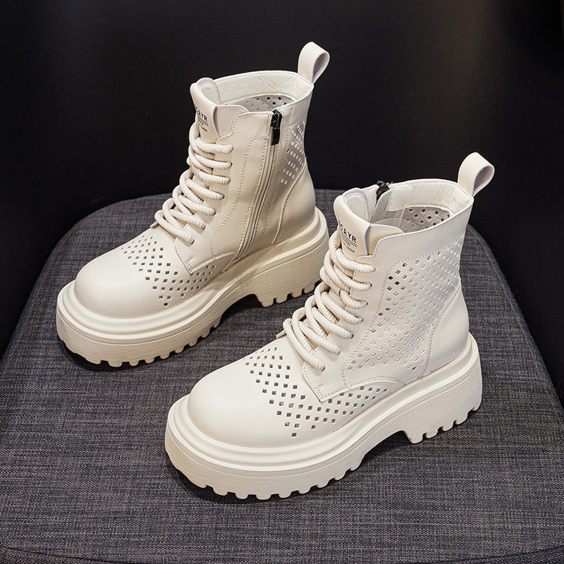 Women's 2025 Summer Leather Punched Short Tooling Boots British Style Casual Fashion All-Match Women's Boots
