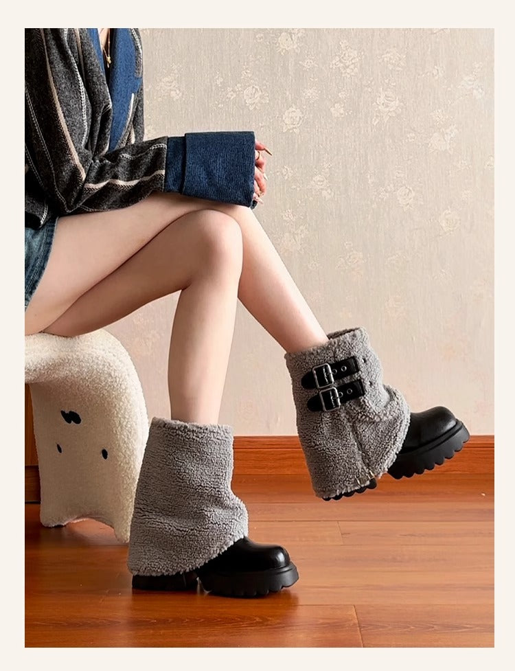 Thick Bottom Lamb Wool Short Tube Snow Boots Women's 2025 Winter Short High Heel Trousers Short Boots Fleece White Fur Boots