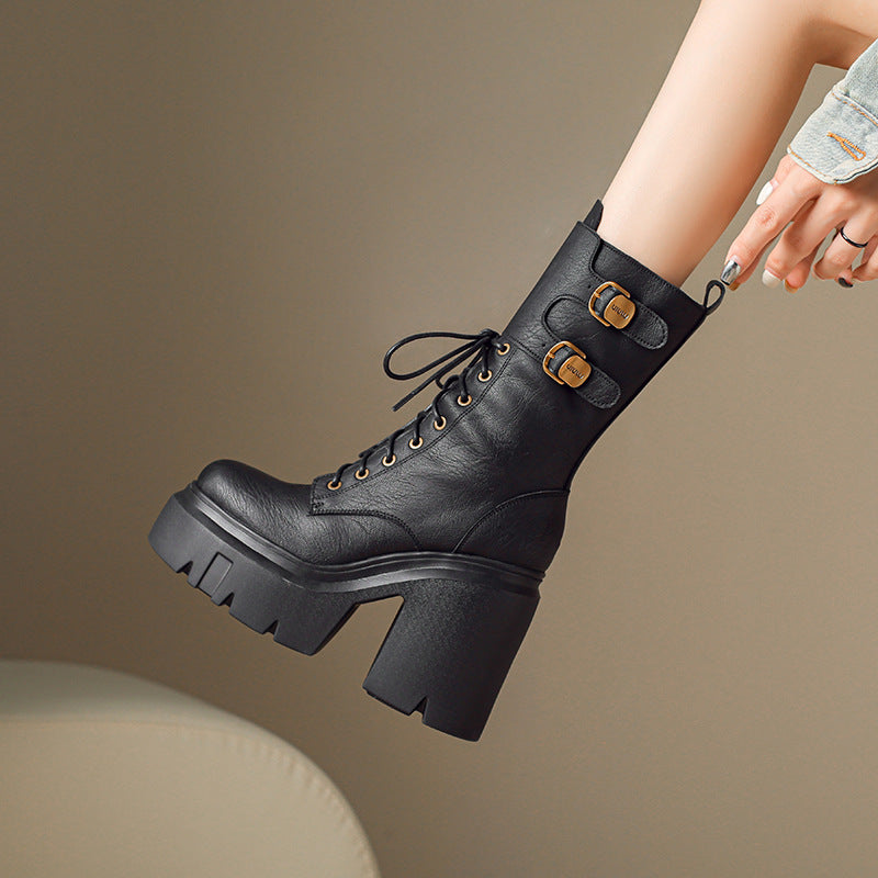 12cm Super High Heel Thick-soled Full Genuine Leather Mid-length Boots For Women Autumn And Winter Small Height Increasing Short Boots Trendy Thick Heel