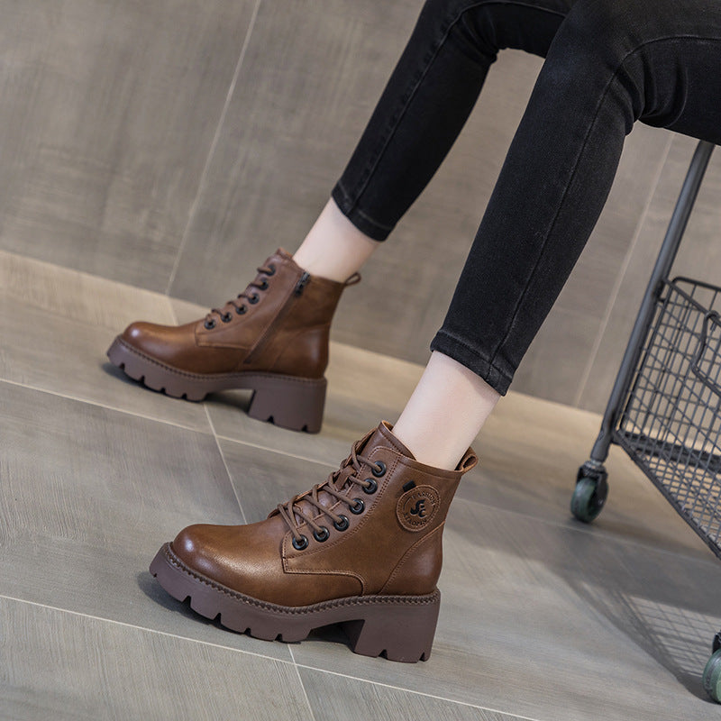 Women's Fashion British Style Ankle Boots 2025 Autumn And Winter New Fashion Leather Thick Sole Increased Retro Boots For Children