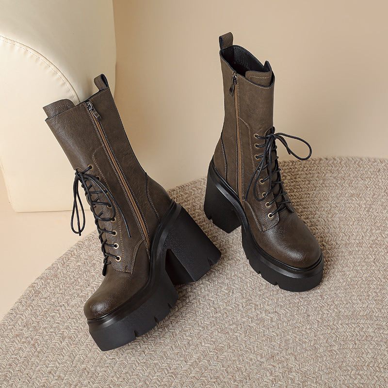 12cm Super High Heel Thick-soled Full Genuine Leather Mid-length Boots For Women Autumn And Winter Small Height Increasing Short Boots Trendy Thick Heel