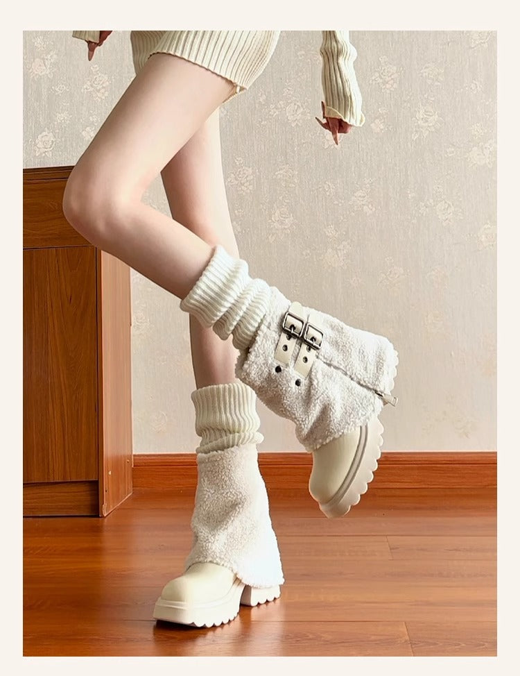 Thick Bottom Lamb Wool Short Tube Snow Boots Women's 2025 Winter Short High Heel Trousers Short Boots Fleece White Fur Boots