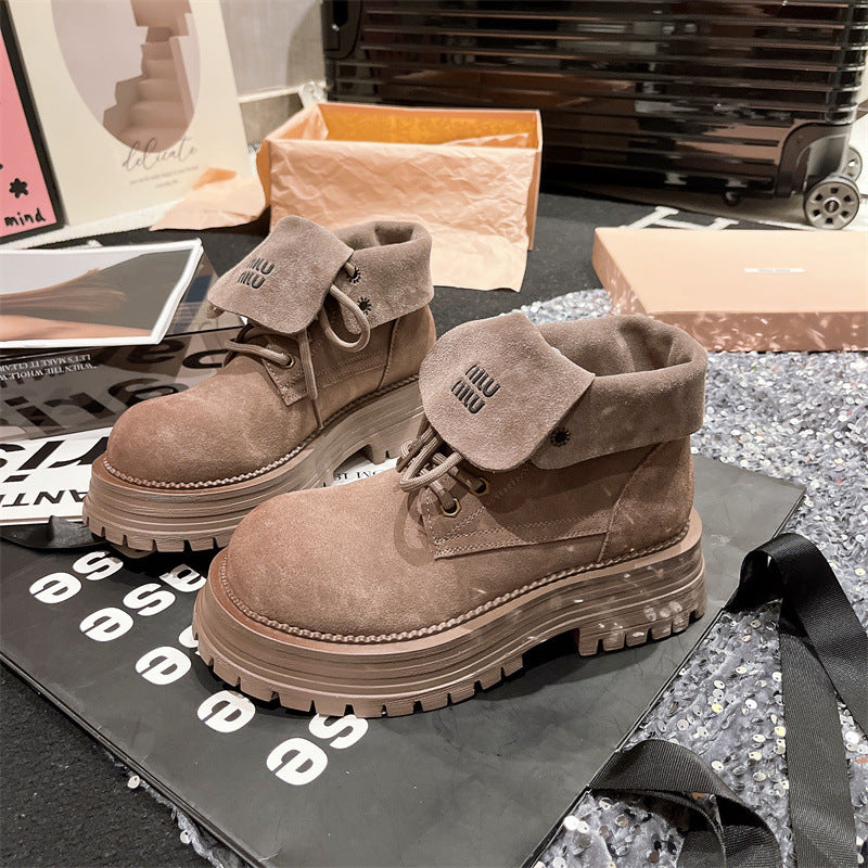 Frosted Genuine Leather Lace-Up Letter Lap Collar Rhubarb Boots Thick-Sole Two-Wearing Moto Boots Women