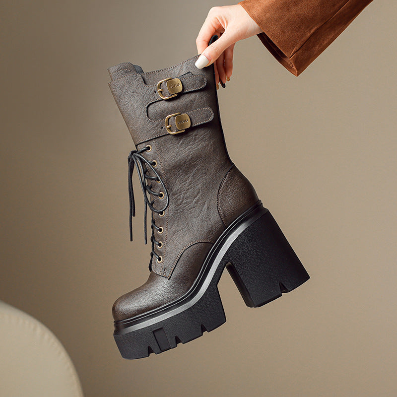 12cm Super High Heel Thick-soled Full Genuine Leather Mid-length Boots For Women Autumn And Winter Small Height Increasing Short Boots Trendy Thick Heel