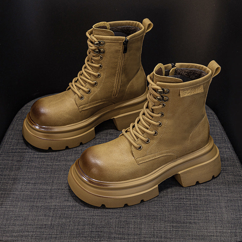 Thick Bottom Leather Women's Autumn 2025 New Casual Fashion Versatile Vintage Short Boots Big Head Mid-tube Women's Boots