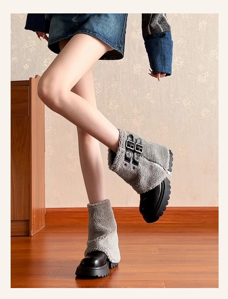 Thick Bottom Lamb Wool Short Tube Snow Boots Women's 2025 Winter Short High Heel Trousers Short Boots Fleece White Fur Boots