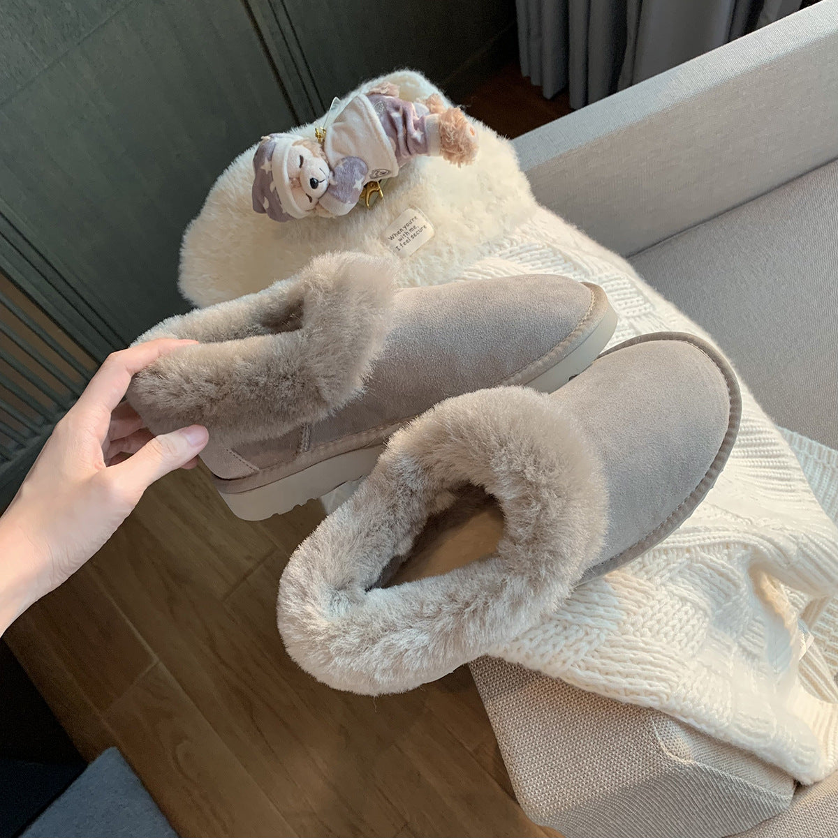 Round Head All-Match Low-Top Warm Fleece-Lined Thickened Fur One-Piece Fur Snow Boots Women's Autumn And Winter