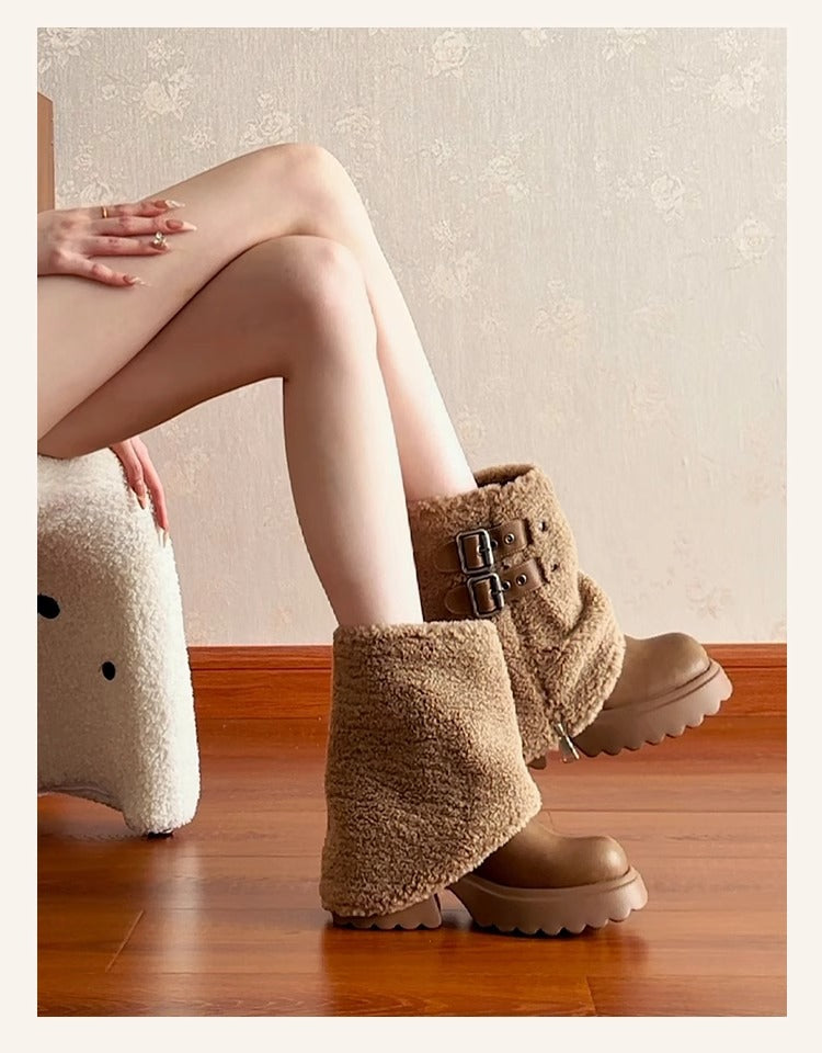 Thick Bottom Lamb Wool Short Tube Snow Boots Women's 2025 Winter Short High Heel Trousers Short Boots Fleece White Fur Boots