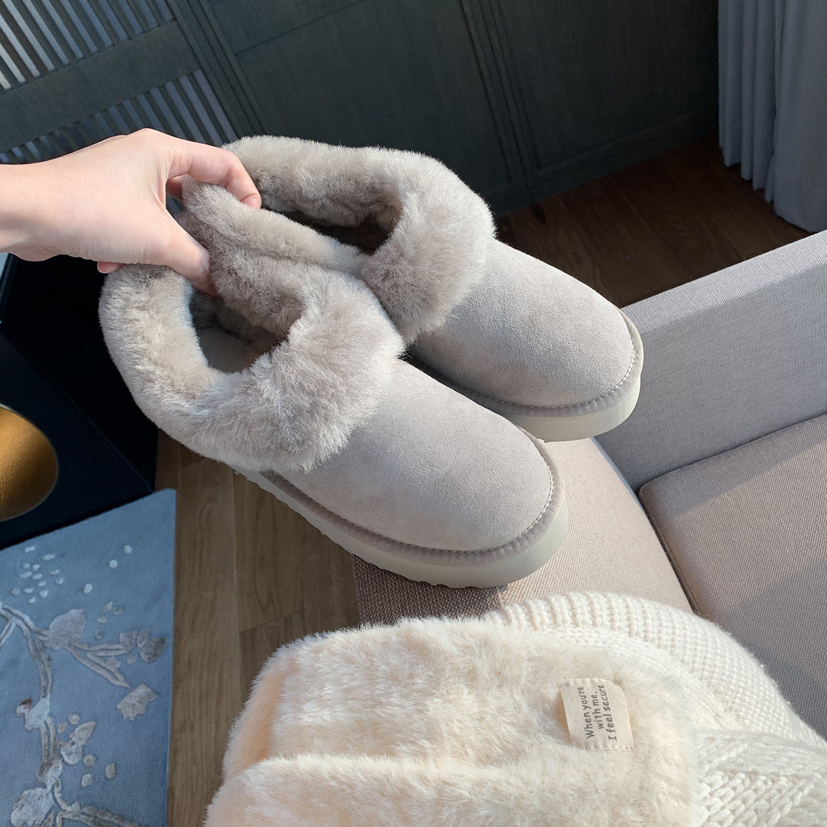 Round Head All-Match Low-Top Warm Fleece-Lined Thickened Fur One-Piece Fur Snow Boots Women's Autumn And Winter