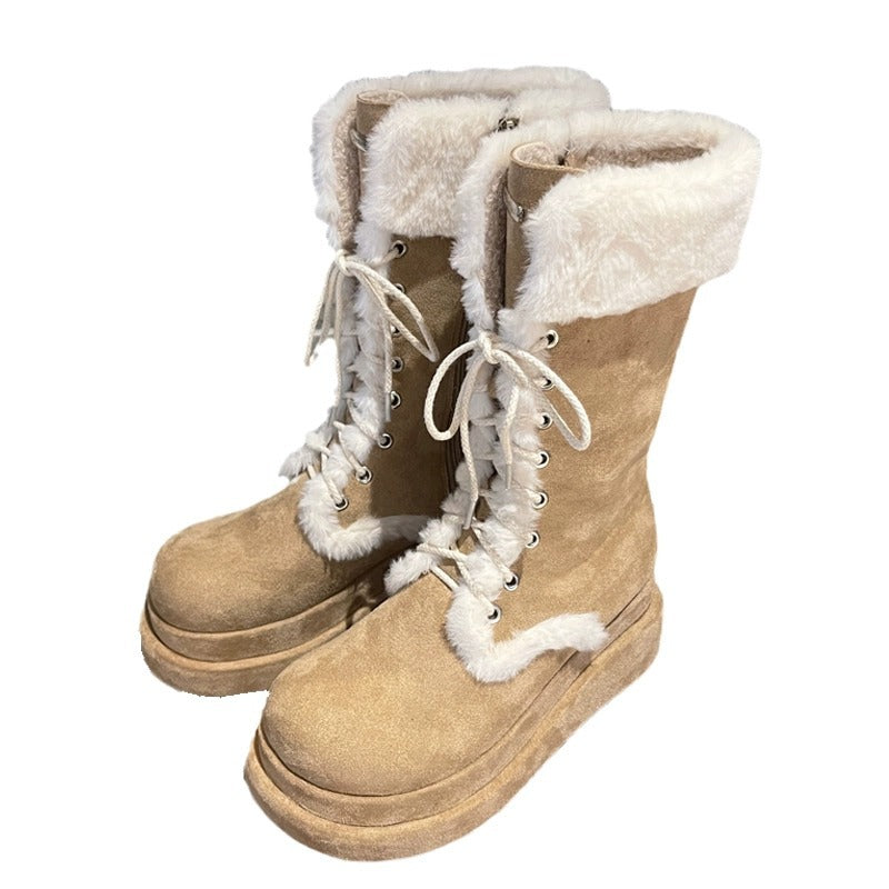 Winter New Vintage Thick-soled Fleece-lined Knight Boots Warm Mid-barrel Strap Mao Mao Snow Boots Women